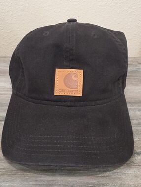 Carhartt Black Canvas Dad Hat with Tan Leather Logo Patch